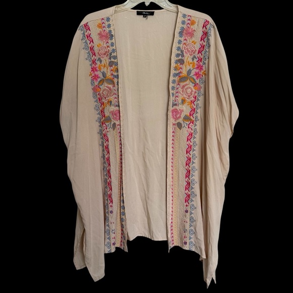 Andree by Unit Tan Floral Embroidered Open Kimono Size S Boho Hippie Festival - Picture 1 of 5